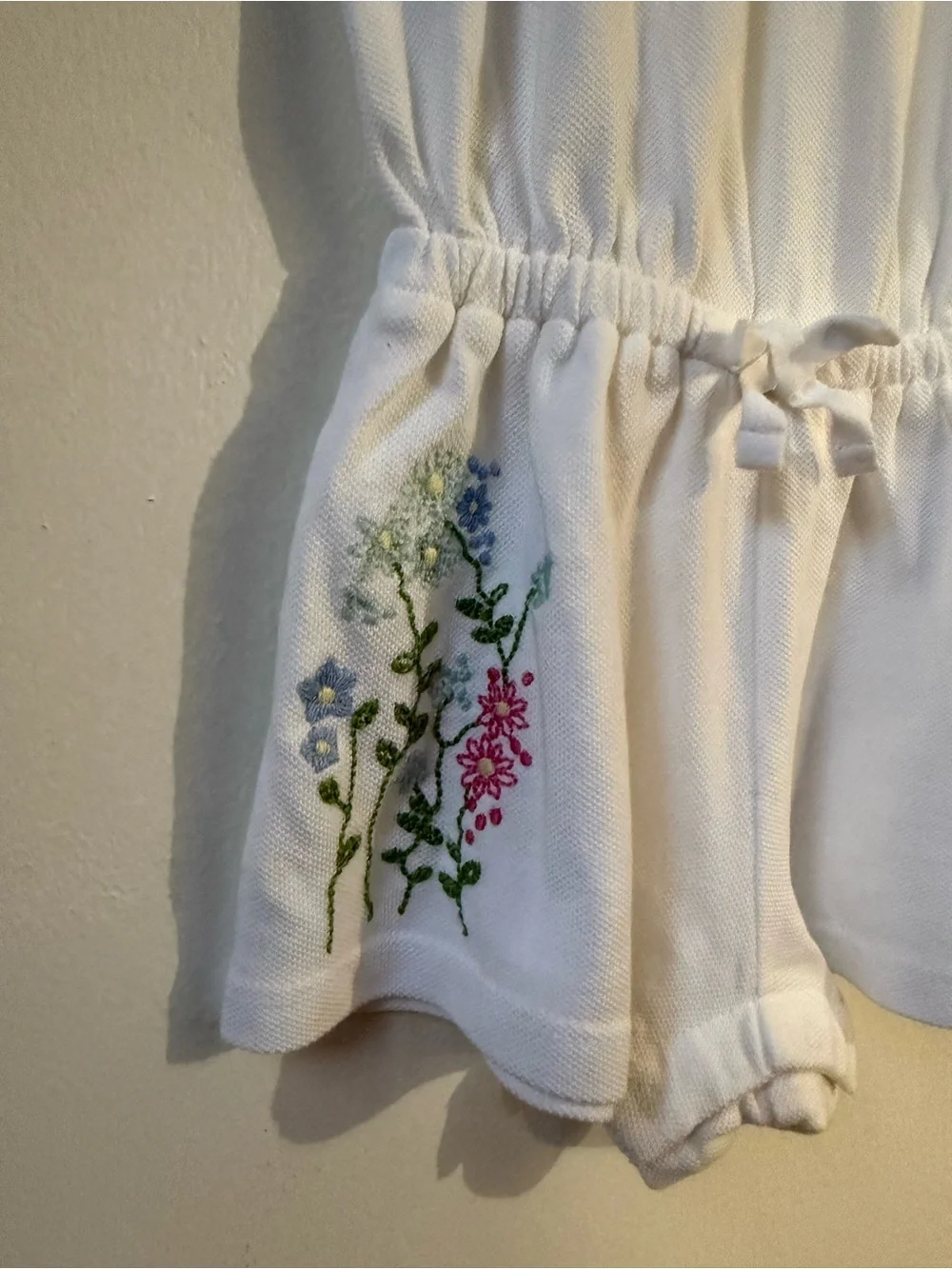 Ralph Lauren White Sleeveless Polo Romper with Multicolor Floral Embroidery